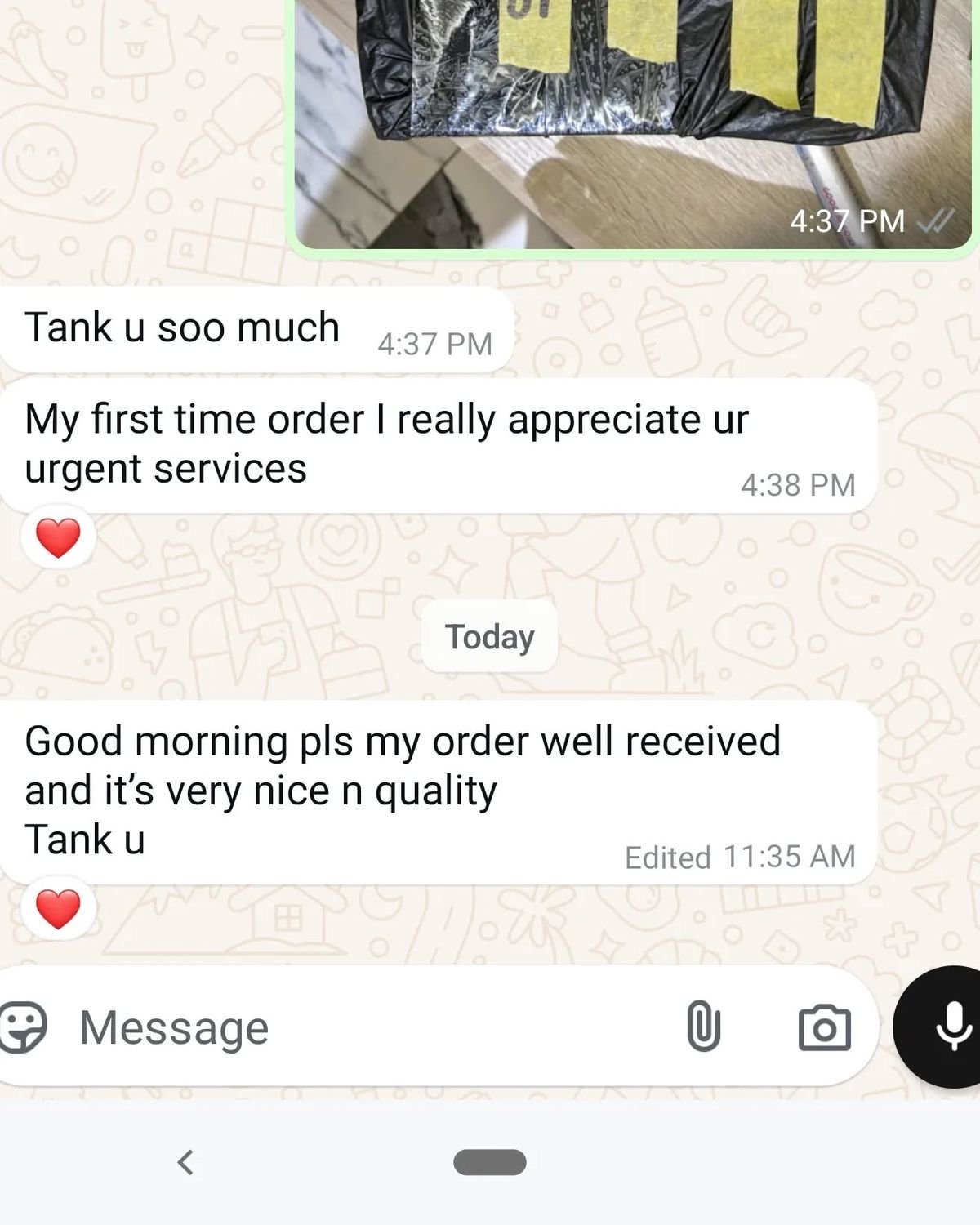 Customer chat or order receipt from a Beyond Lace partner
