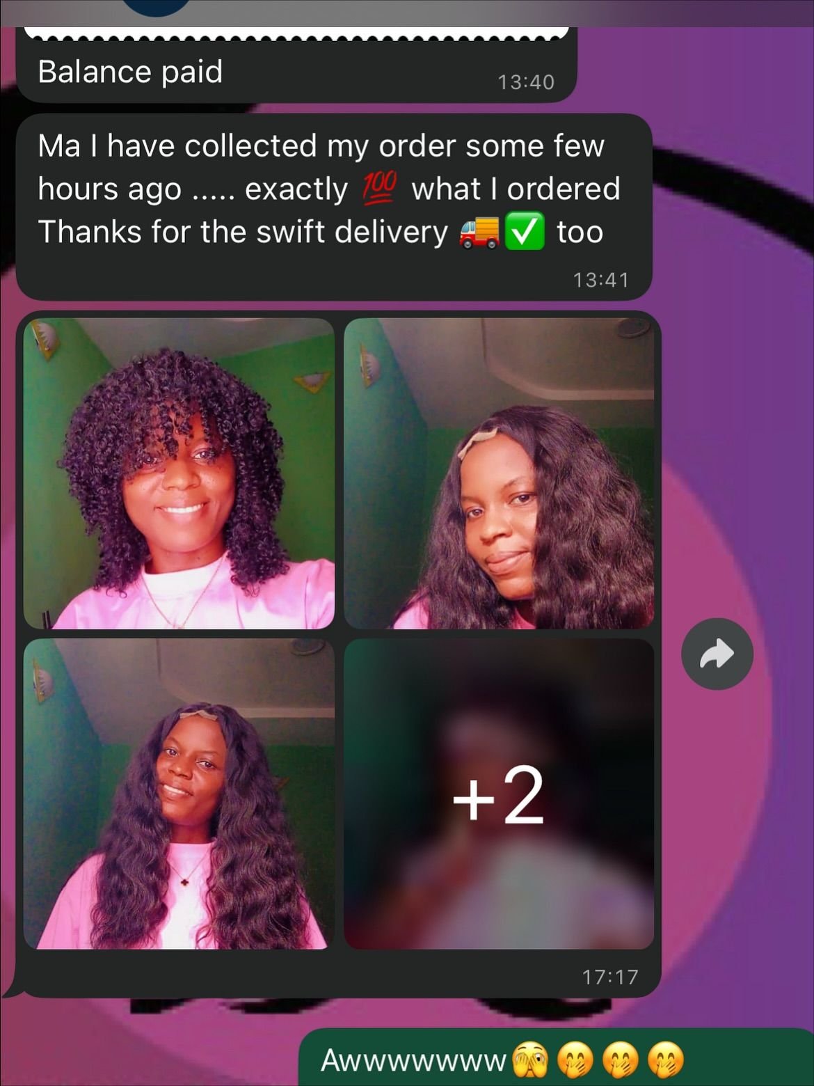 Customer chat or order receipt from a Beyond Lace partner
