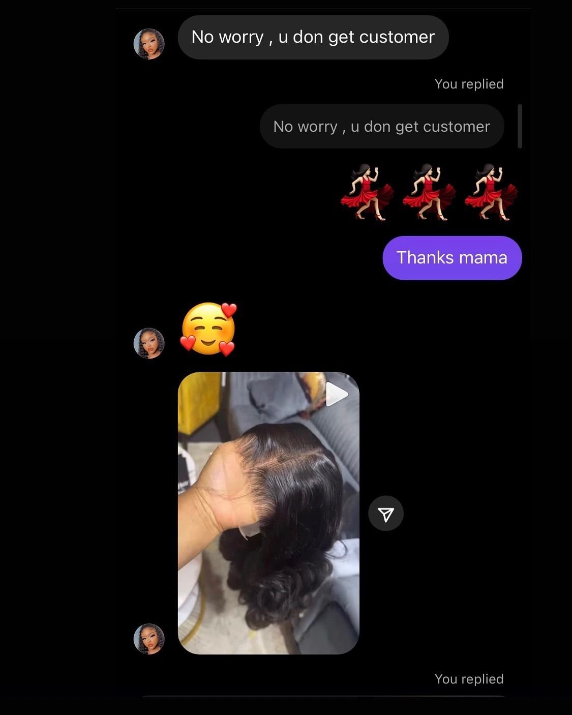 Customer chat or order receipt from a Beyond Lace partner