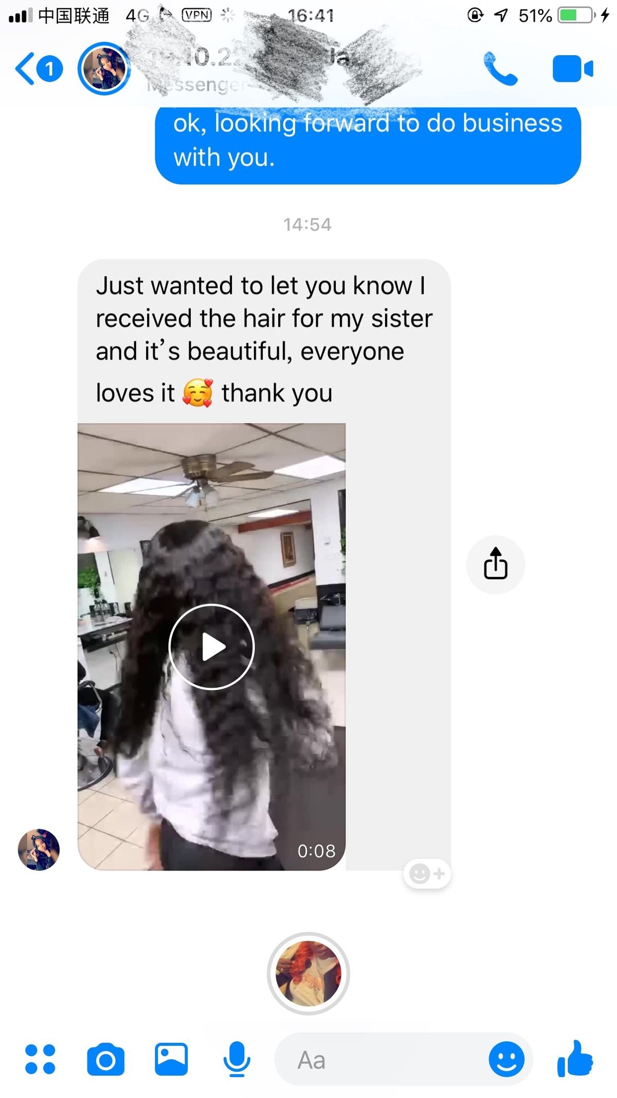 Customer chat or order receipt from a Beyond Lace partner