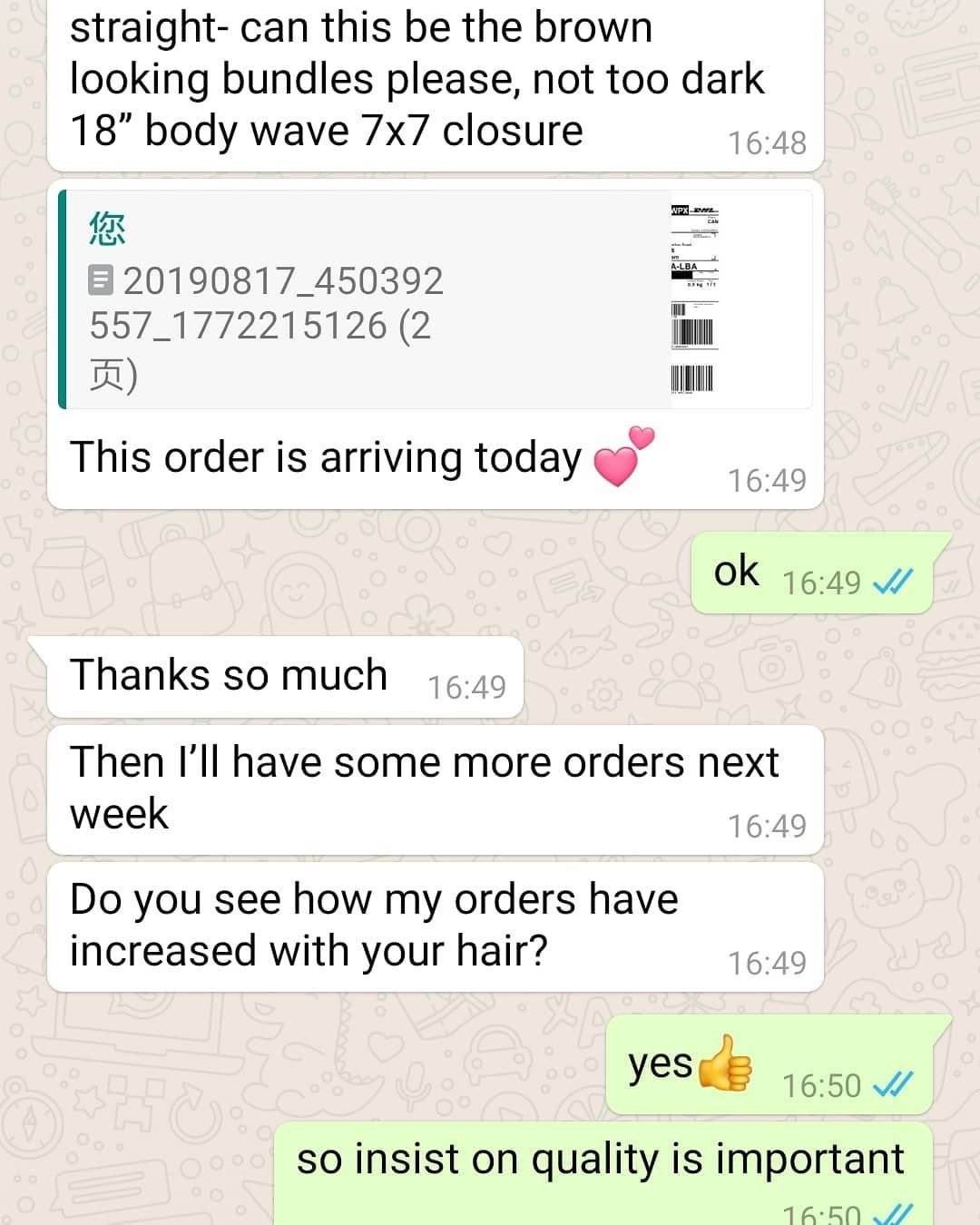 Customer chat or order receipt from a Beyond Lace partner