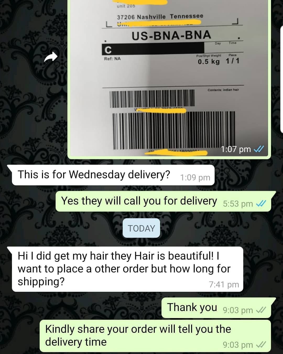 Customer chat or order receipt from a Beyond Lace partner