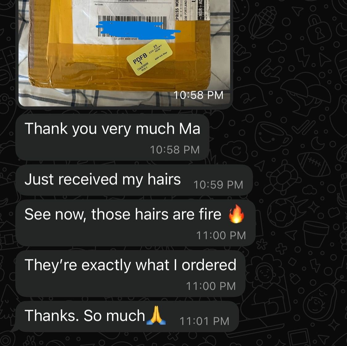 Customer chat or order receipt from a Beyond Lace partner